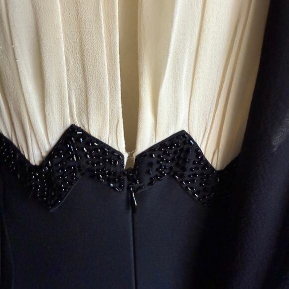 LUISA SPAGNOLI | Black & Cream Silk Surplice Bodice Beaded Cocktail Dress Size 6 - Picture 8 of 10